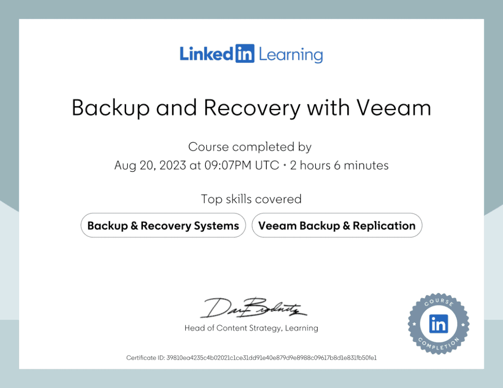 CertificateOfCompletion Backup and Recovery with Veeam