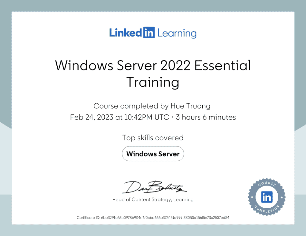 CertificateOfCompletion Windows Server 2022 Essential Training