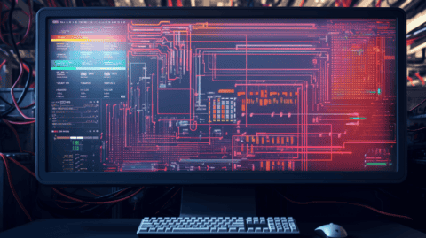 Computer monitor with schematic lines