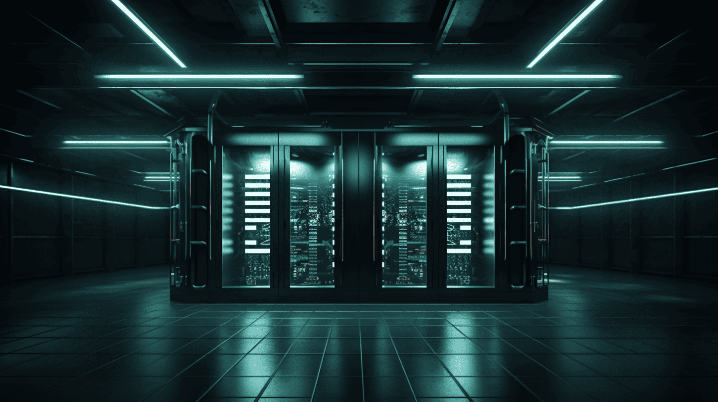 Computer rack room with glowing neon lights