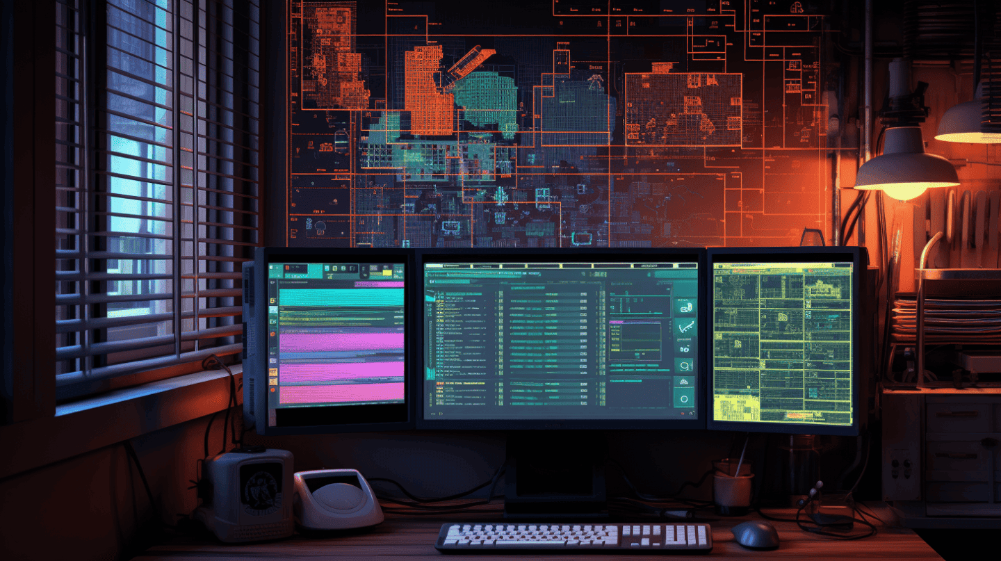 Desk with three screens, window on left, and decorative wall with lamp